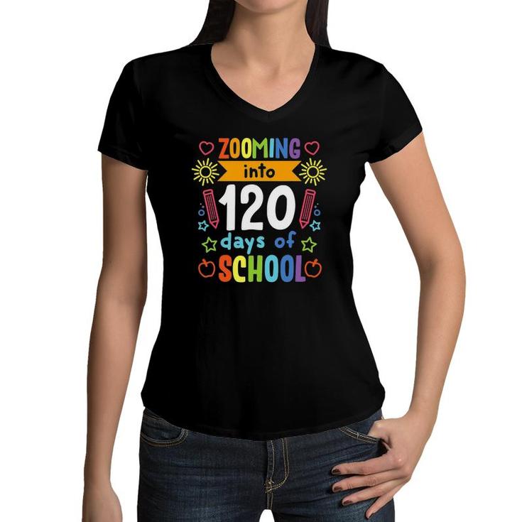 1St Grade Zooming 120 Days Of School  Teacher Kids Women V-Neck T-Shirt