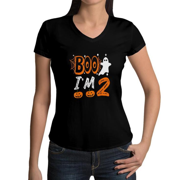 2Nd Birthday Kids Boo I'm 2 Two Yr Ghost Halloween Costume  Women V-Neck T-Shirt