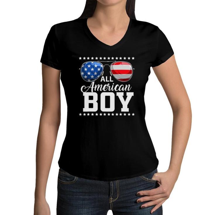 4Th Of July  All American Boy Usa Flag Patriotic Family Women V-Neck T-Shirt