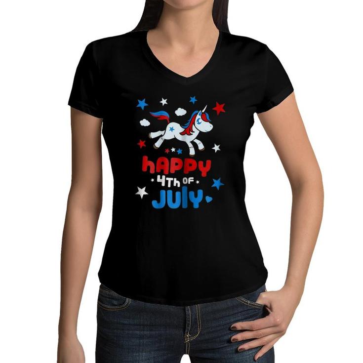 4Th Of July  Cute Unicorn Girls American Flag Women V-Neck T-Shirt