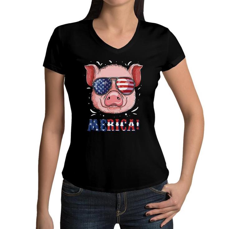 4Th Of July Patriot Pig  Gifts Men Women Kids Usa Flag Women V-Neck T-Shirt