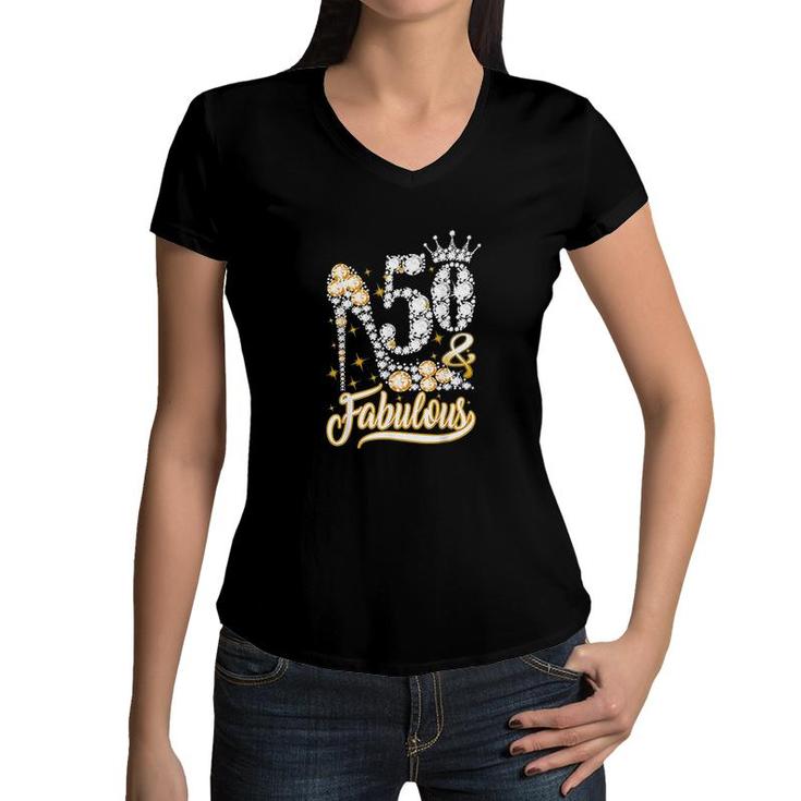 50 And Fabulous 50 Years Old 50th Birthday Diamond Crown Shoes  Women V-Neck T-Shirt