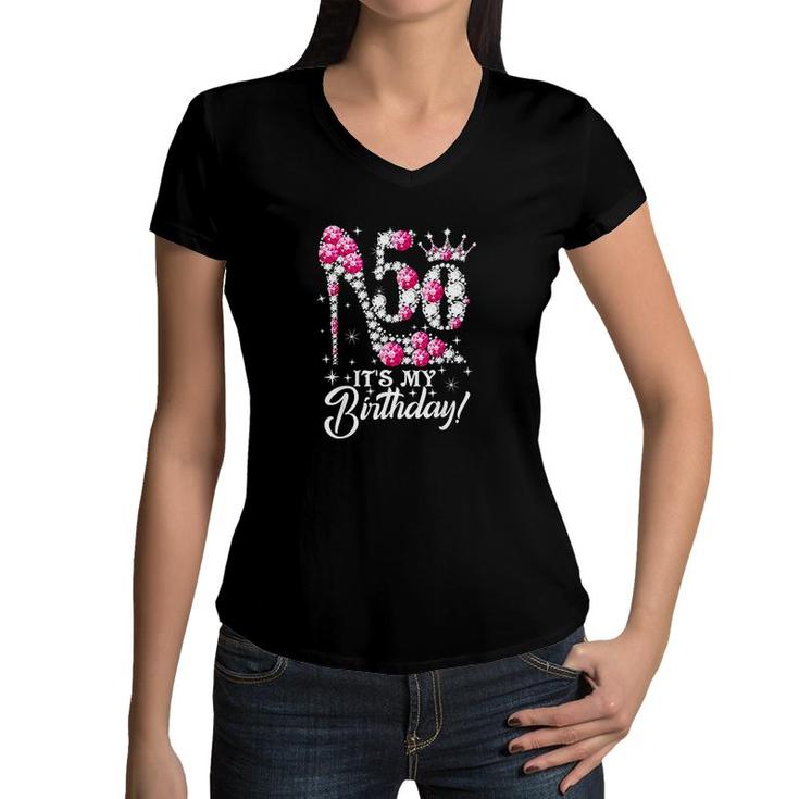 50 Years Old It Is My 50th Birthday Funny Pink Diamond Shoes Its My Birthday Women V-Neck T-Shirt