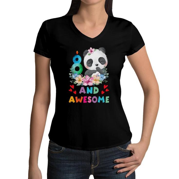 8 Years Old 8Th Birthday Panda Unicorn Girl Party Gift Women V-Neck T-Shirt
