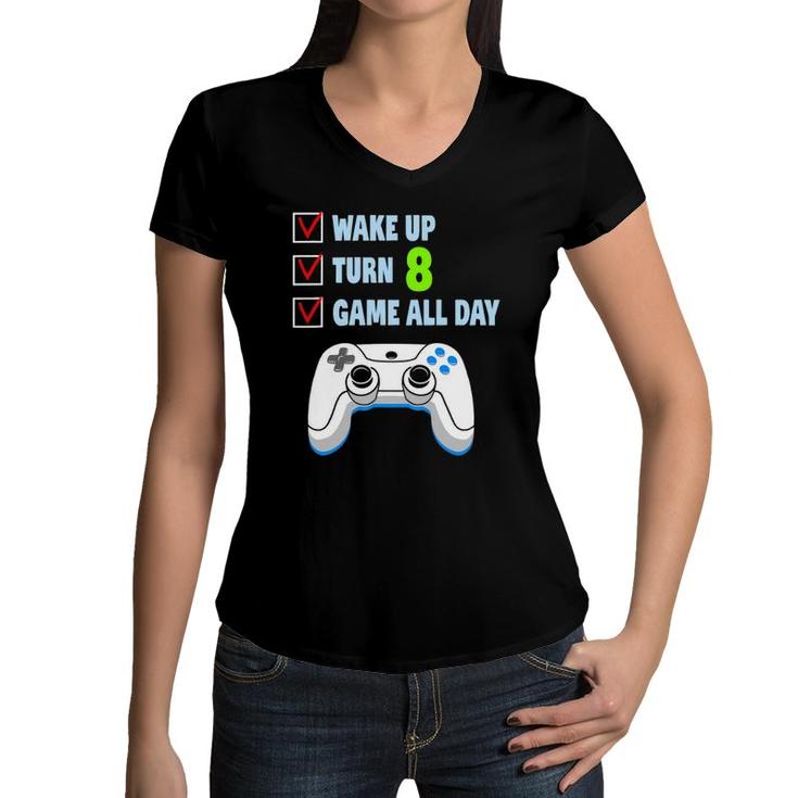 8 Years Old Boy Gamer Birthday Party 8Th Birthday Gift Women V-Neck T-Shirt