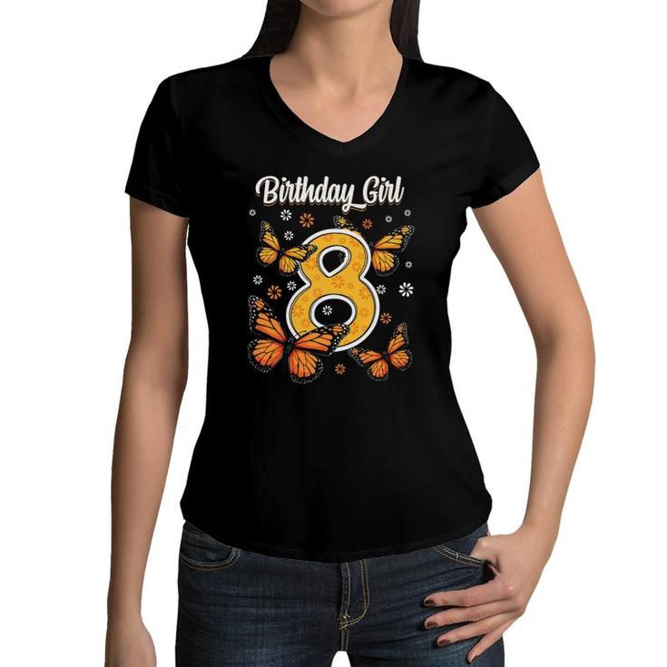 8 Years Old Monarch Butterfly Papillon 8Th Birthday Girl Women V-Neck T-Shirt