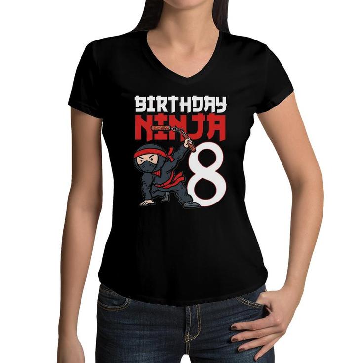 8Th Birthday Ninja I'm 8 Years Old Bday Party Best Boy Women V-Neck T-Shirt