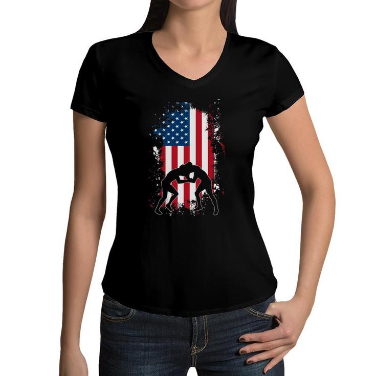 American Flag Wrestling Tee Usa Wrestler Gift For Men Boys Women V-Neck T-Shirt