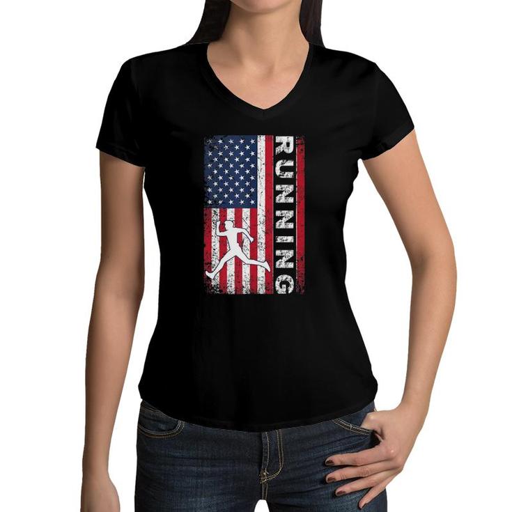 American Us Flag Running Marathon Patriotic Runner Girl Boy  Women V-Neck T-Shirt