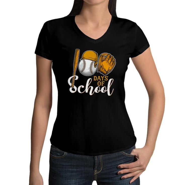 Baseball 100 Days Of School Happy 100Th Day Teacher Kids Women V-Neck T-Shirt