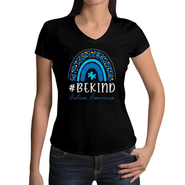 Be Kind Autism Awareness Women Girls Leopard Rainbow Print Women V-Neck T-Shirt