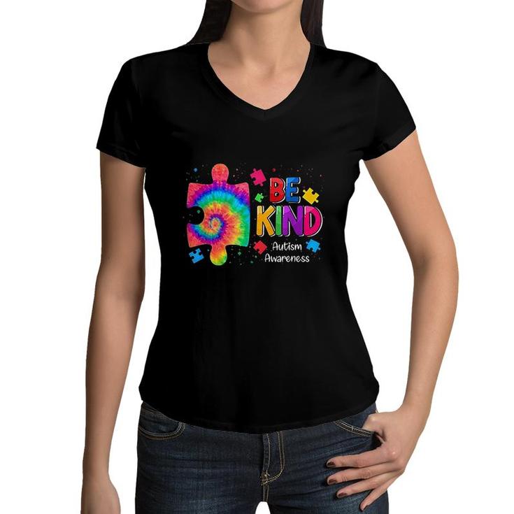 Be Kind Puzzle Pieces Tie Dye Cute Autism Awareness Boy Kids Women V-Neck T-Shirt