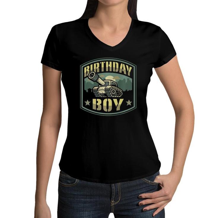 Birthday Boy Army Tank Party  Women V-Neck T-Shirt