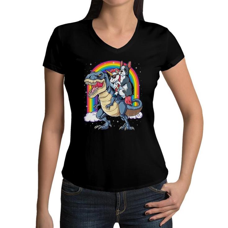 Boston Terrier Unicorn Riding Dinosaur T Rex Girls Rainbow  Women V-Neck T-Shirt