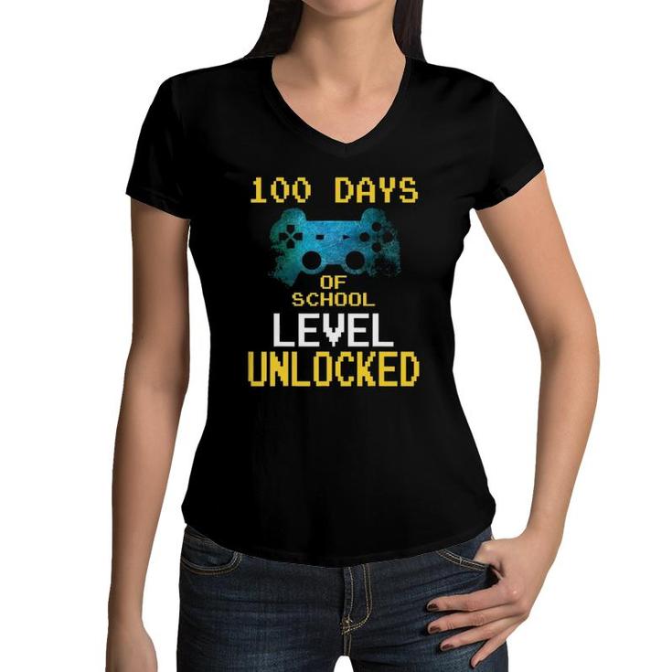 Boys 100 Days Of School Gamer Video Games Level Unlocked Women V-Neck T-Shirt
