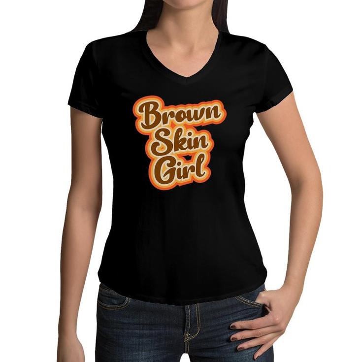 Brown Skin Girl Brown Retro Vintage Style Graphic Girls Women V-Neck T-Shirt