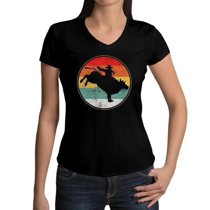 Bull Riding Rodeo Cowboy Vintage Women V-Neck T-Shirt