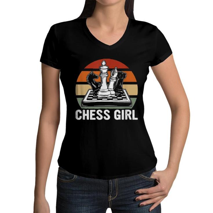 Chess Girl Board Games  Women V-Neck T-Shirt
