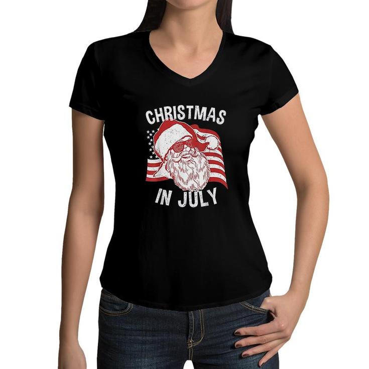 Christmas In July Retro Hipster Santa 4th of July  Women V-Neck T-Shirt