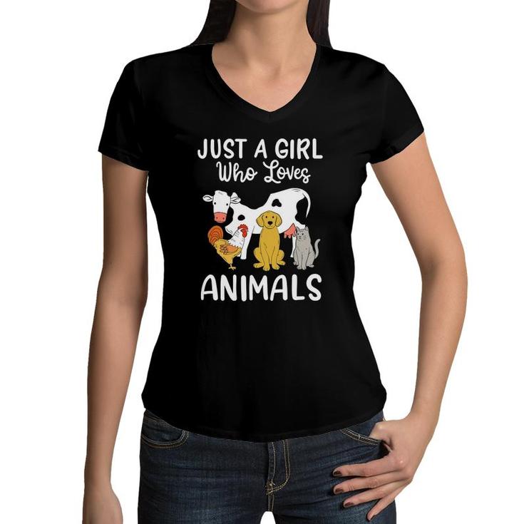 Cow Dog Chicken Cat Just A Girl Who Loves Animals Women V-Neck T-Shirt