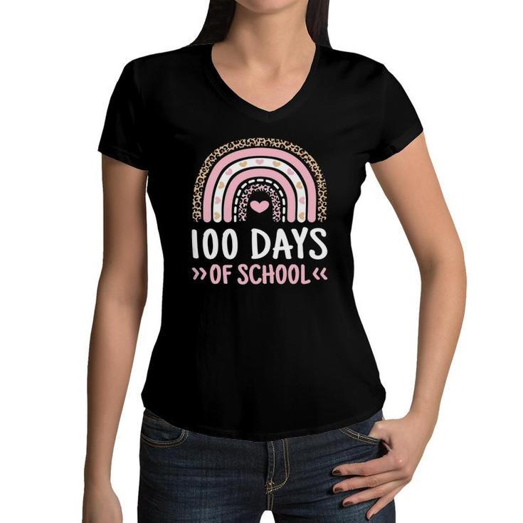 Cute 100Th Day Of School 100 Days Leopard Rainbow Boys Girls Women V-Neck T-Shirt