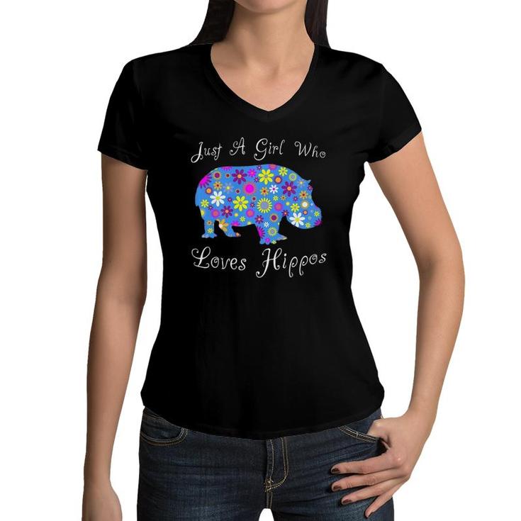 Cute Hippopotamus Gifts Women - Just A Girl Who Loves Hippos  Women V-Neck T-Shirt
