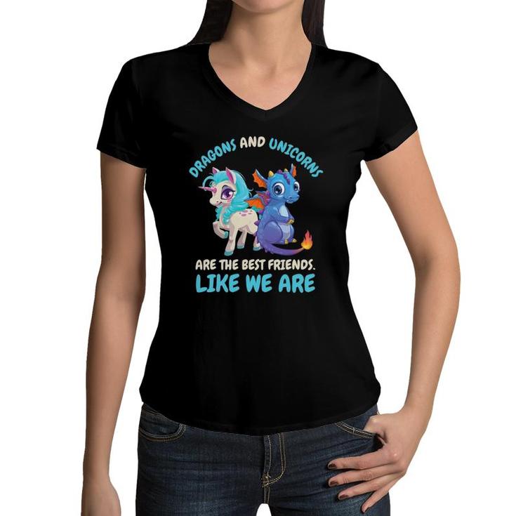 Cute Kids Dragons And Unicorns Best Friends Friendship Gift Women V-Neck T-Shirt