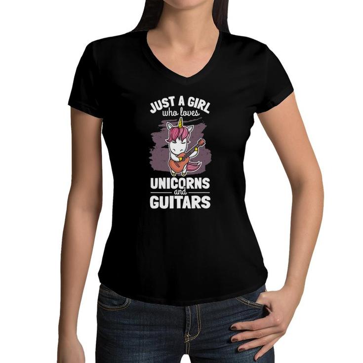 Cute Unicorn Guitar Player Woman Magical Girl Guitarist Women V-Neck T-Shirt