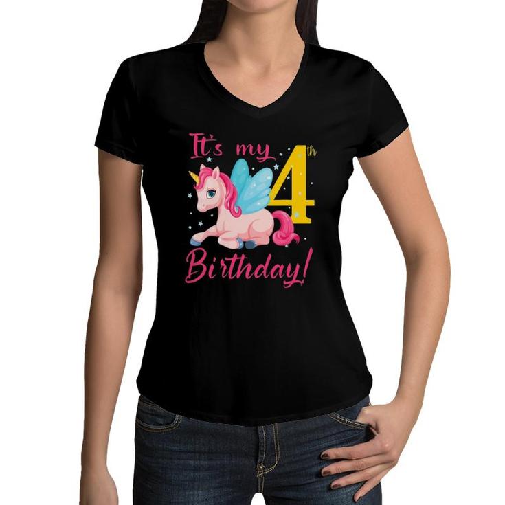 Cute Unicorn It's My 4Th Birthday For Kids Girls Women V-Neck T-Shirt