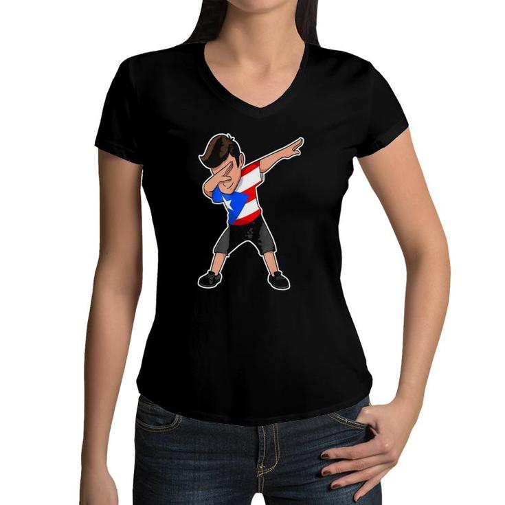 Dabbing Boy Puerto Rico Puerto Rican Flag Tee Women V-Neck T-Shirt