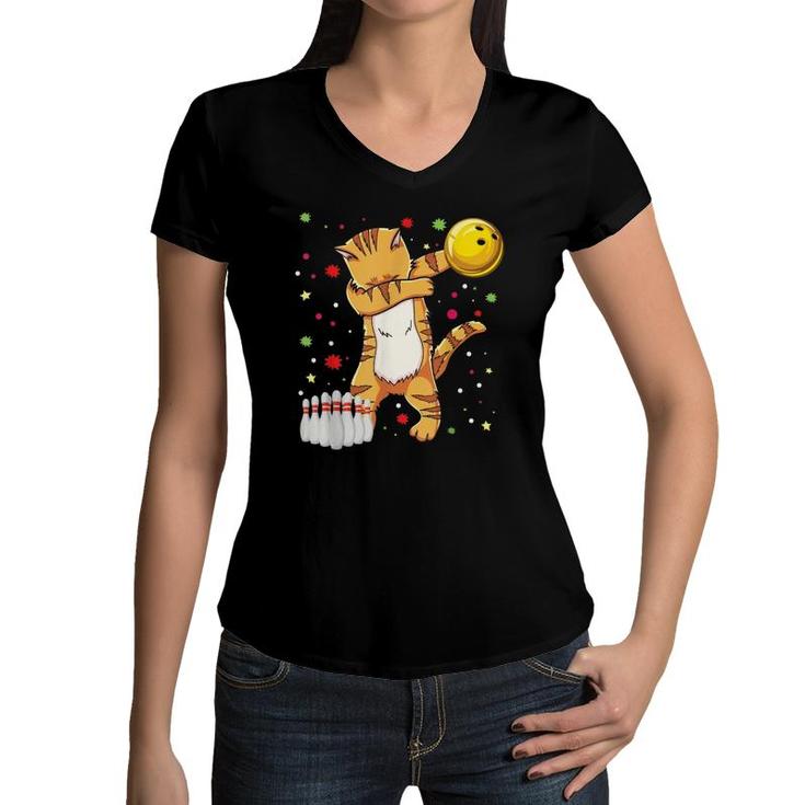 Dabbing Cat Bowling S Funny Bowling Gift Cat Girl Women V-Neck T-Shirt