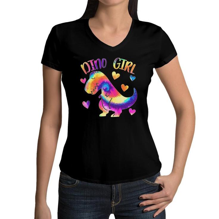Dino Girl Dinosaur Lover Tie Dye Cute Teen Girls Gifts Women V-Neck T-Shirt