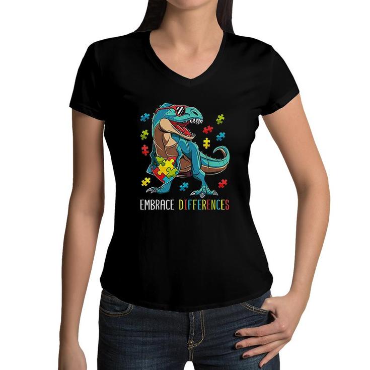 Dinosaur Puzzle Piece Autism Awareness Boys Kids Gift Women V-Neck T-Shirt