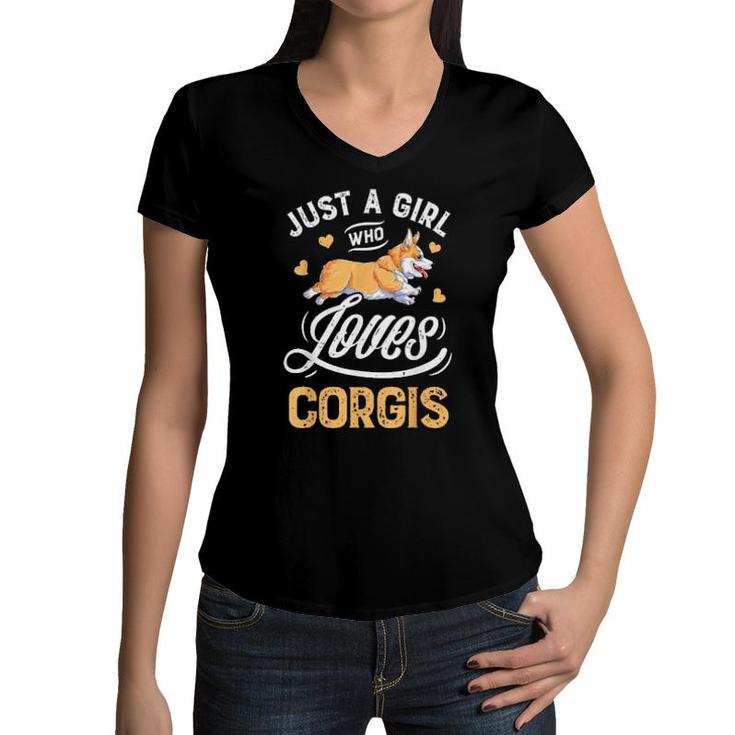 Dog Corgi Kids Women Just A Girl Who Loves Corgis S 425 Paws Women V-Neck T-Shirt