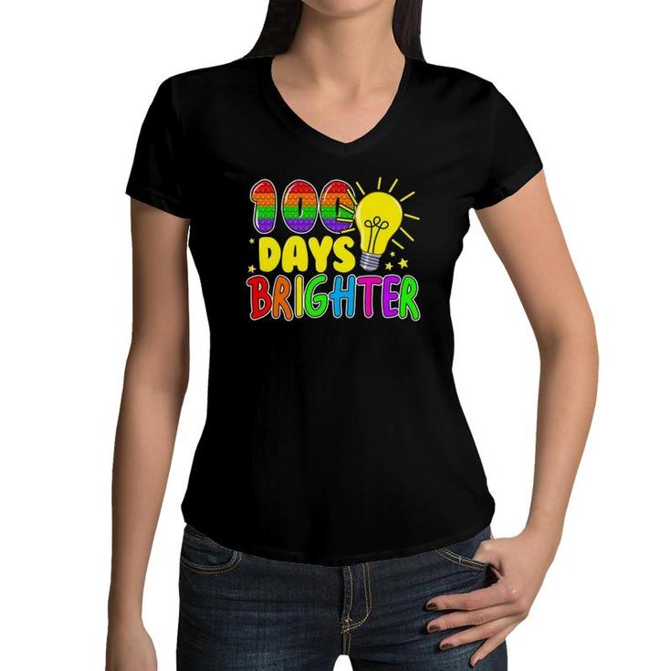 Fidget Toy 100 Days Of School Pop It 100 Days Brighter Kids Women V-Neck T-Shirt