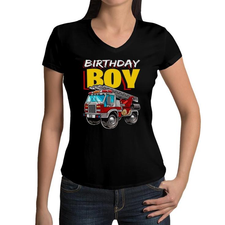 Firefighter Birthday Boy Matching Family Fireman Fire Truck Women V-Neck T-Shirt