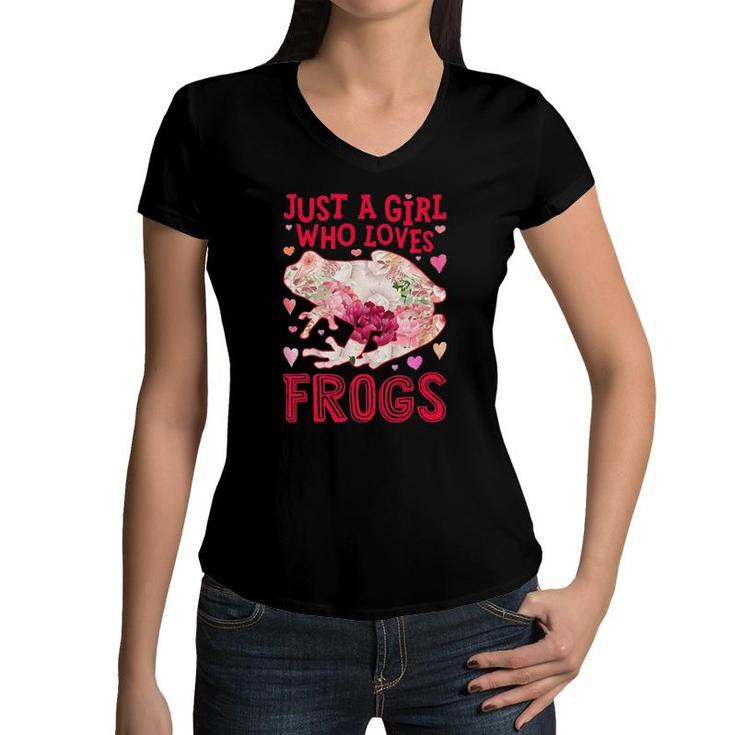 Frog Just A Girl Who Loves Frogs Amphibians Flower Floral Women V-Neck T-Shirt