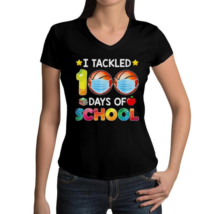 Funny I Tackled 100 Days Of School Basketball Boy Matching  Women V-Neck T-Shirt