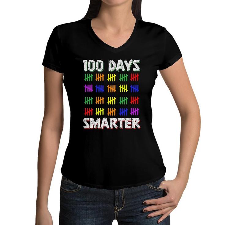Funny Students Kids 100 Days Smarter 100 Days Of School Women V-Neck T-Shirt