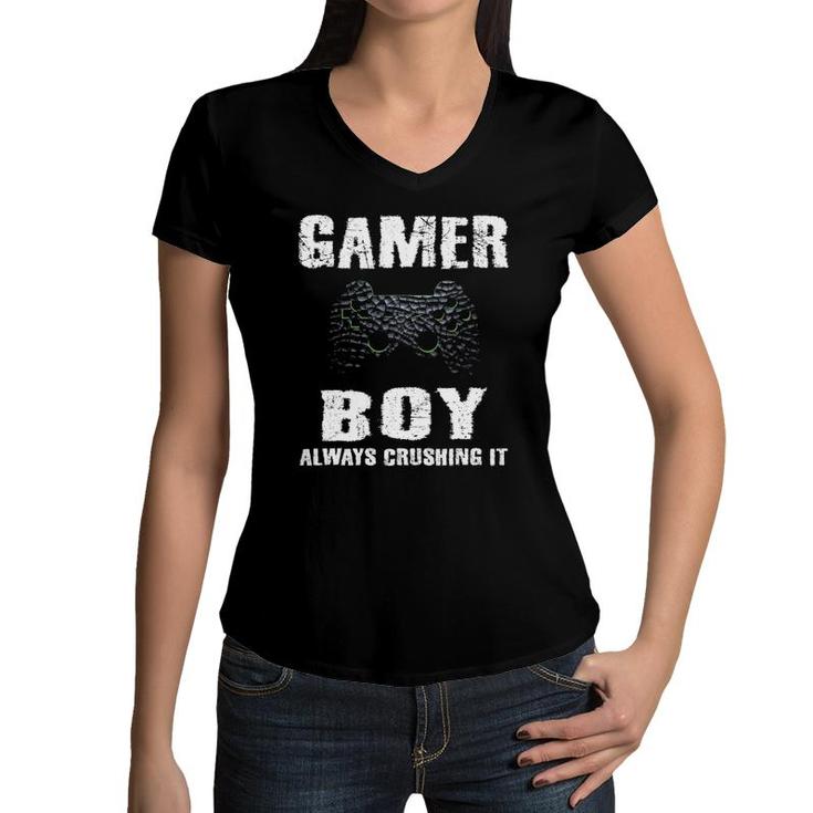 Gamer Boy Crushing It Gamer Boys Kids Video Games Teenager Women V-Neck T-Shirt