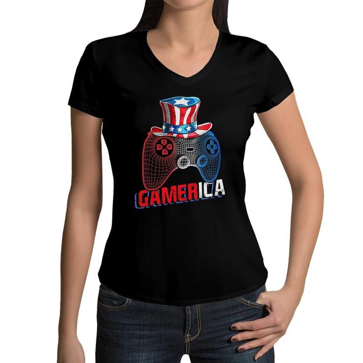 Gamerica 4Th Of July Video Game American Flag Uncle Sam Boys Women V-Neck T-Shirt