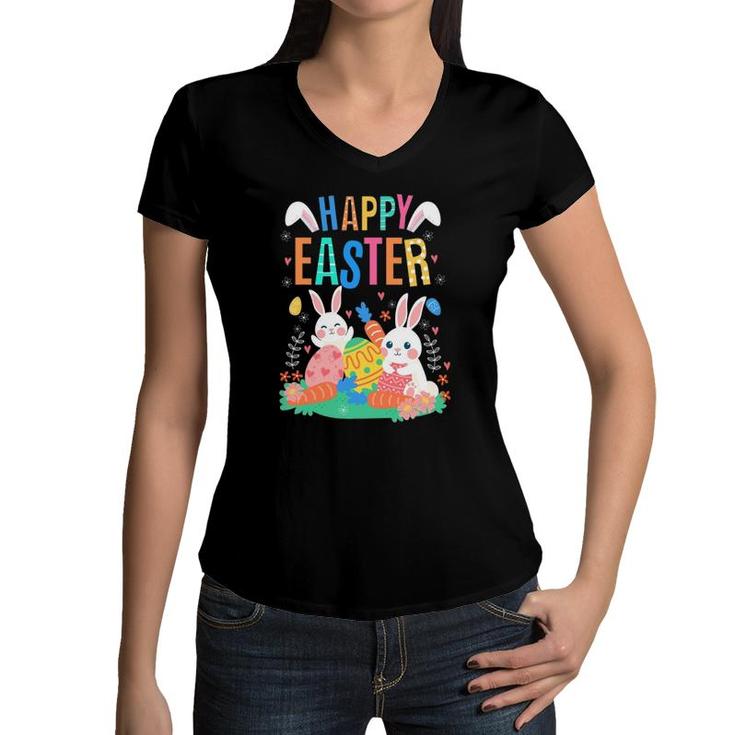 Happy Easter Day Cute Bunny With Eggs Easter Womens Girls Women V-Neck T-Shirt