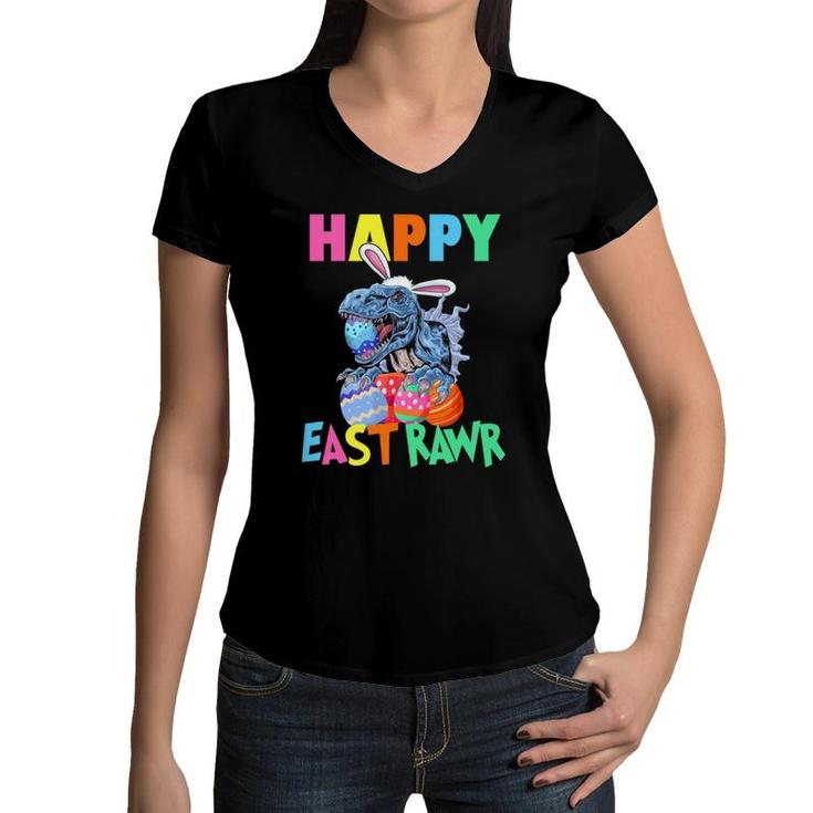 Happy Easter Rawr Dinosaur Easter Sunday Bunny Kids Gift Women V-Neck T-Shirt