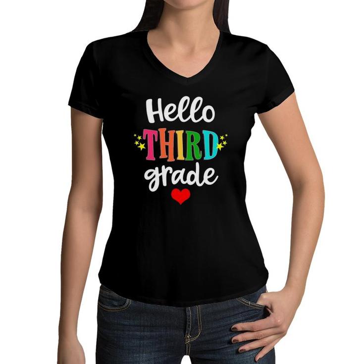 Hello 3Rd Grade Colorful Third Grade Teacher Kids Gift Women V-Neck T-Shirt