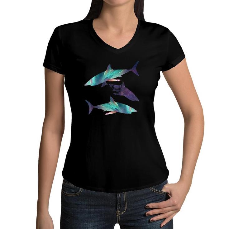 Hungry Colorful Space Sharks For Men, Women Or Kids Women V-Neck T-Shirt