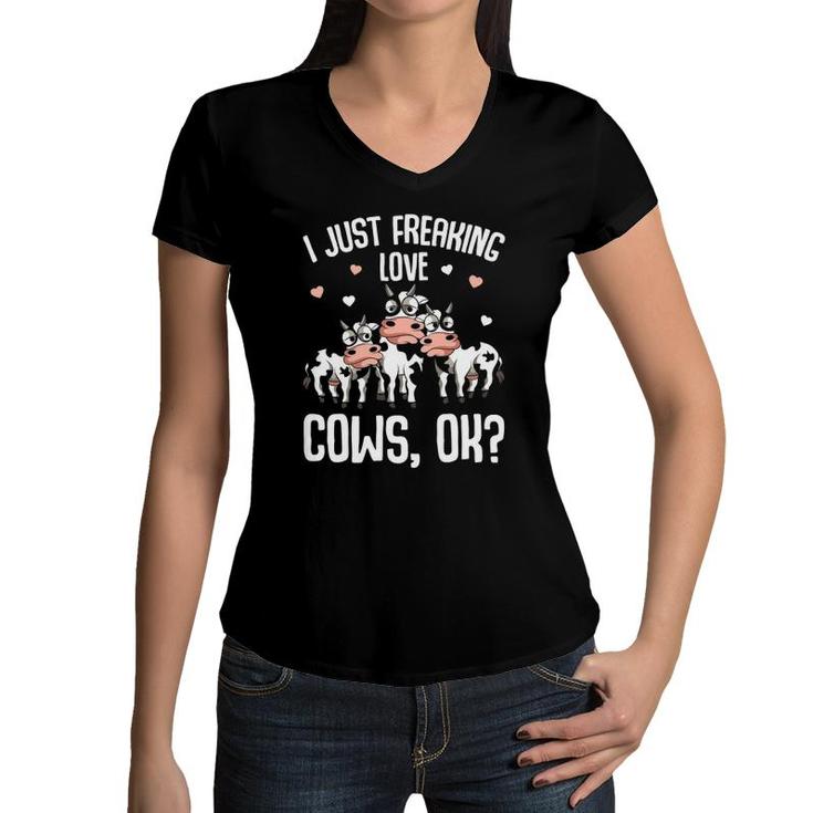 I Just Freaking Love Cows Cow Lover Kids Women  Women V-Neck T-Shirt