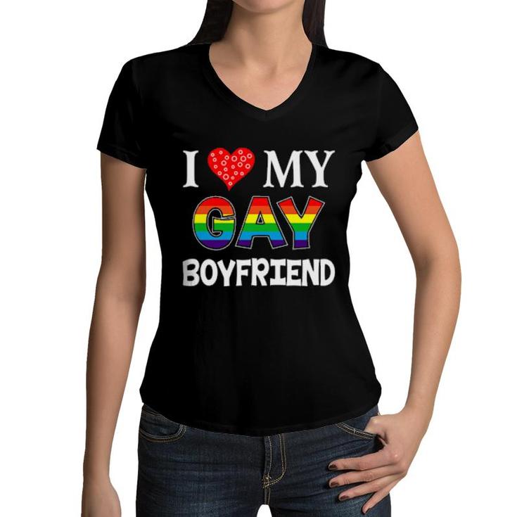 I Love My Gay Boyfriend Lgbt Lesbian Rainbow Proud Pride Sweat Women V-Neck T-Shirt