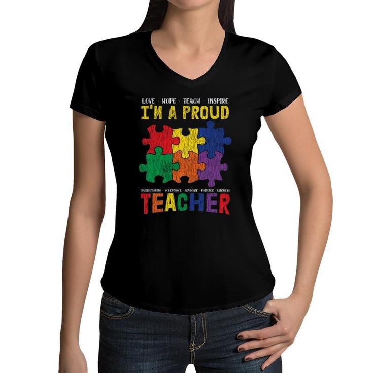 I'm A Proud Teacher Students Autistic Kids Autism Awareness Women V-Neck T-Shirt