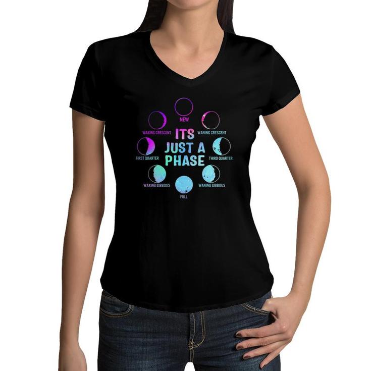 It's Just A Phase Celestial Moon Lunar Cycle Astronomy Kids Women V-Neck T-Shirt