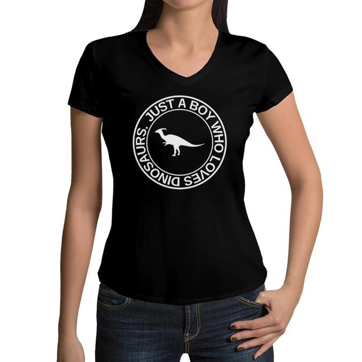 Just A Boy Who Loves Dinosaurs Gift For Menrex Animal Women V-Neck T-Shirt